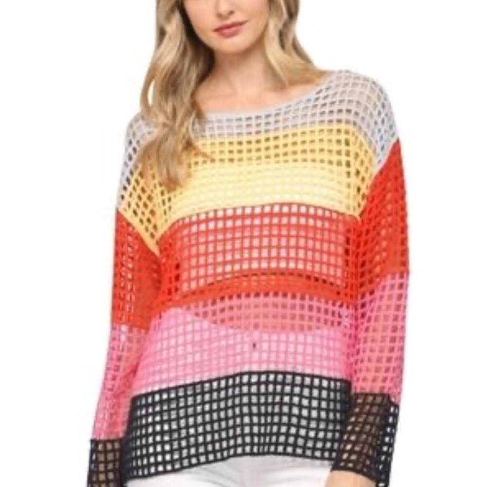 Fate Colorblock Crochet Sweater Anthropologie Blue Orange Red Yellow Sz Small